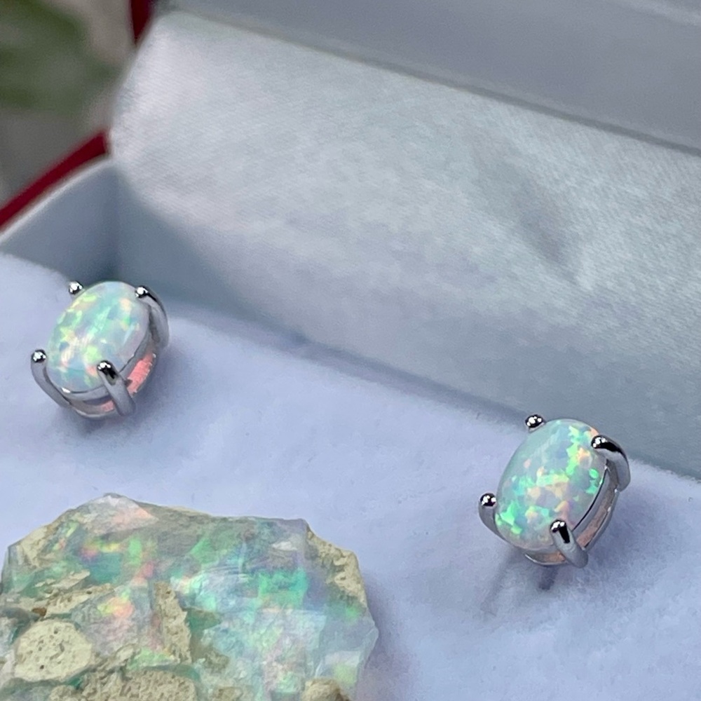 14K 2ct Australian‼️ Opal White Gold Earrings - Picture 7 of 16